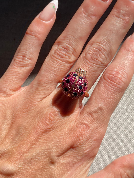 18K Rose Gold Ruby & Diamond Ladybug Ring with Hidden Opal