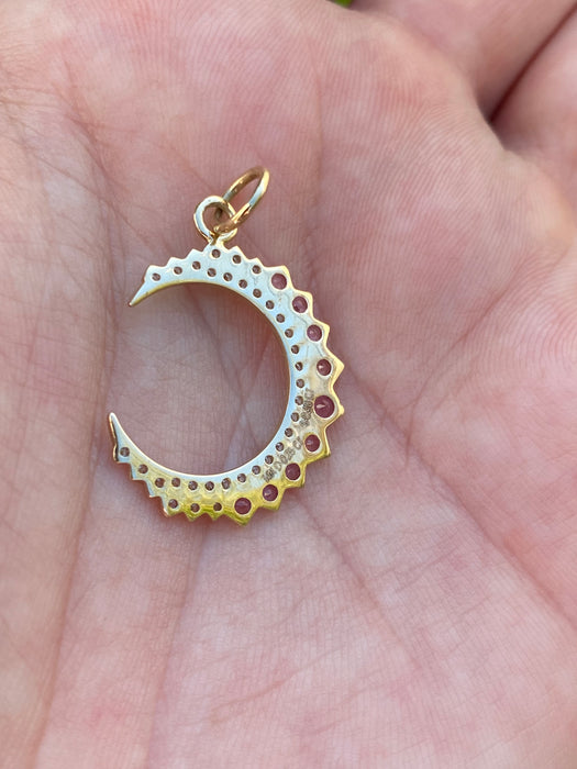 14k diamond and pink sapphire crescent moon pendant