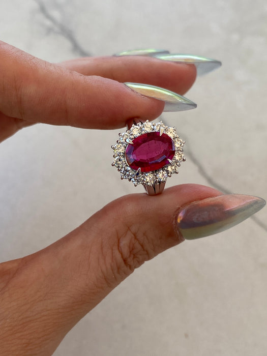 Vintage Platinum 900 Rubellite Tourmaline & Diamond Halo Ring