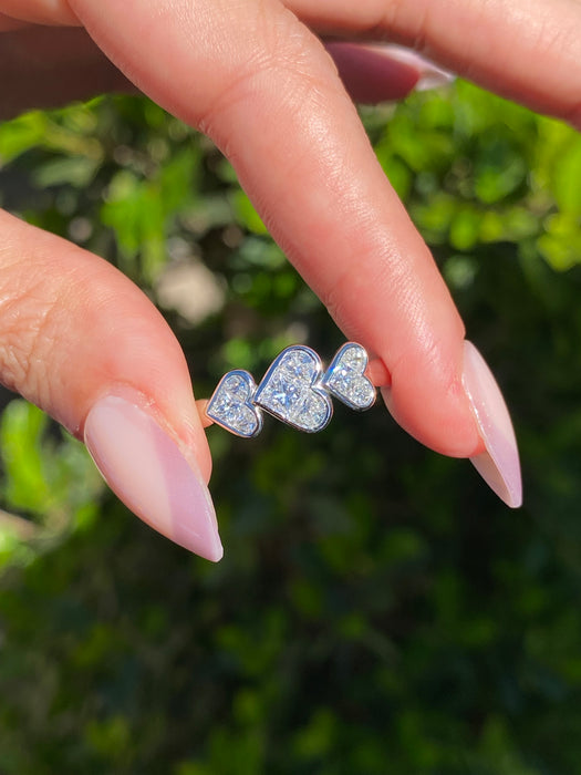 Vintage Platinum 900 Triple Heart Natural Diamond Ring