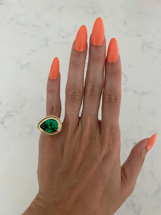 14K Gold Bezel-Set Lab Emerald Pear Pinky Ring