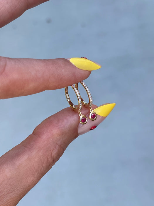 14K Gold Diamond Ruby Leverback Huggie Earrings