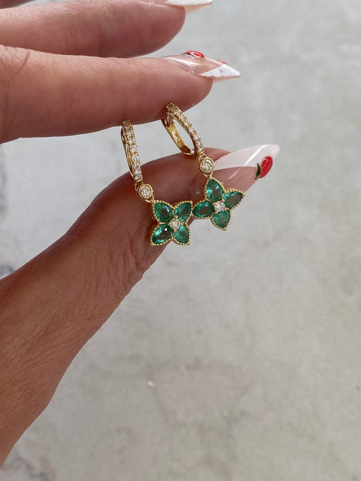 18K Gold Emerald & Diamond Flower Charm Huggie Earrings