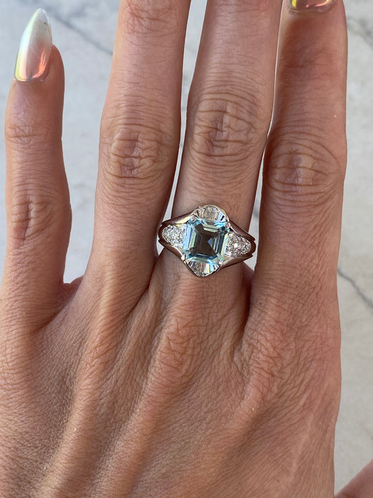 Vintage Platinum 900 Step-Cut Aquamarine & Natural Diamond Ring – 2.02 Carats