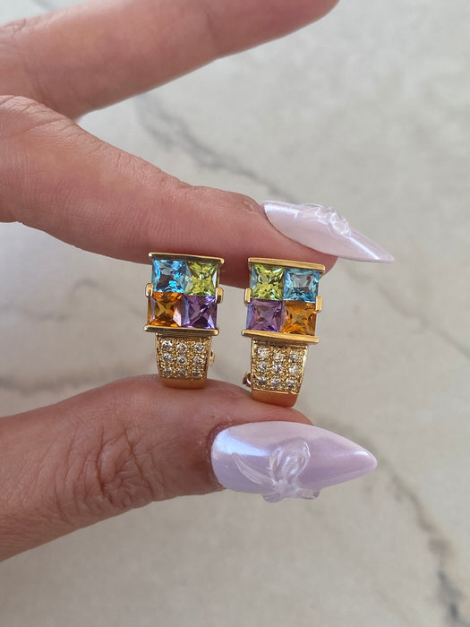 Vintage 14K Rainbow Gemstone & Diamond Omega Back Earrings