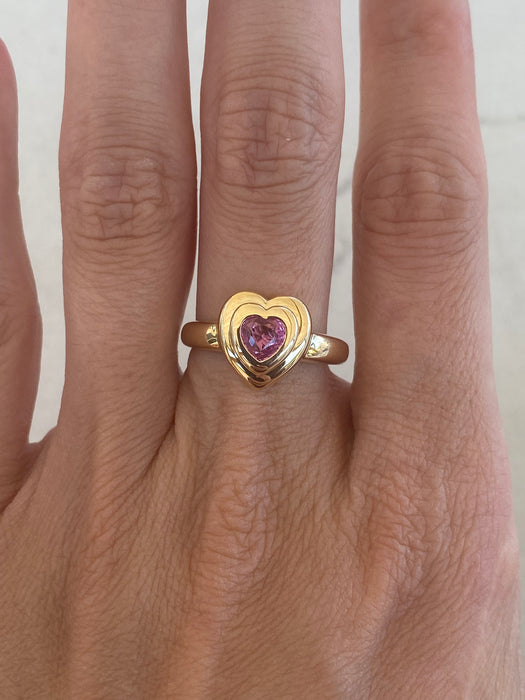 14K Gold Natural Pink Sapphire Double Bezel Heart Ring