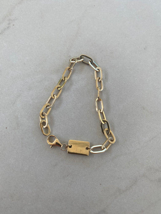 14K Gold Oval Link Paperclip Diamond Charm Bracelet