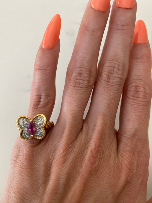 Vintage 18K & Platinum Diamond Ruby Butterfly Twist Croissant Ring – Size 5.5