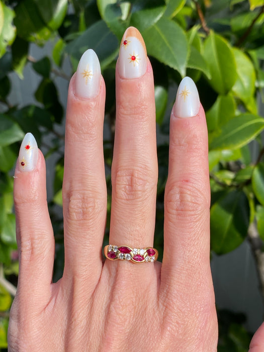 Vintage 18K Ruby and Diamond Swirl Ring – Marquise Rubies – 0.74 TCW Rubies – Size 6