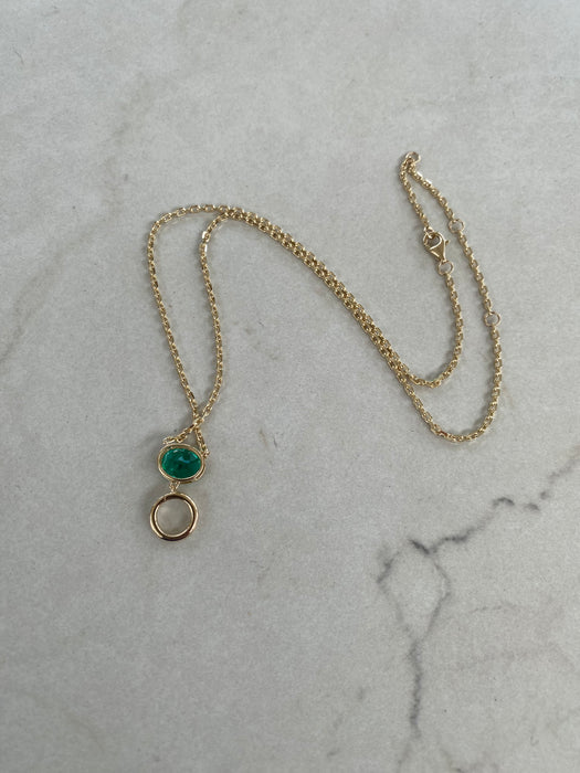 14K Mini Biker Link Necklace with Lab Emerald and Charm Connector