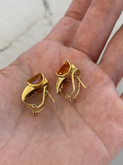 Vintage 14K Citrine & Garnet Omega Back Huggie Hoop Earrings