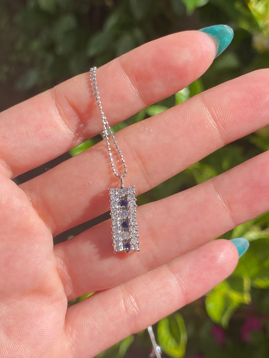 Platinum diamond blue sapphire on bead chain necklace