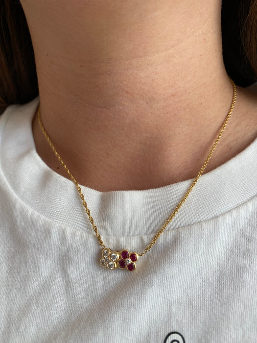 Vintage 18K Ruby & Diamond Flower Rope Chain Necklace