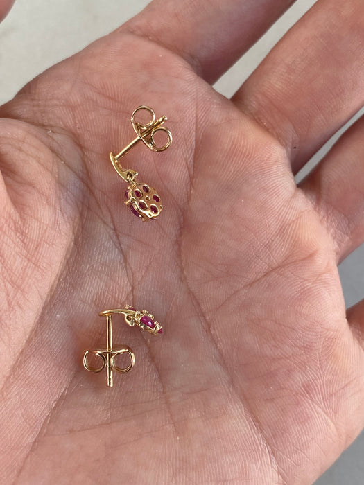 14K Gold Natural Ruby & Diamond Flower Drop Stud Earrings