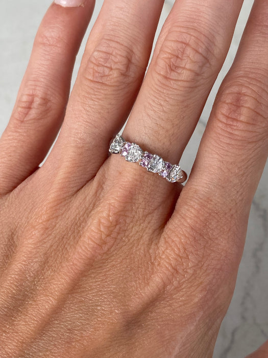 Vintage Platinum 900 Diamond Heart & Pink Sapphire Ring | Size 8