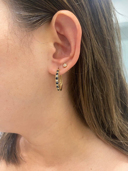 Vintage 14K Gold Blue Sapphire & Diamond Hoop Earrings