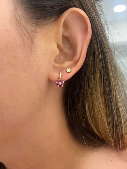 14K Gold Natural Ruby & Diamond Flower Drop Stud Earrings