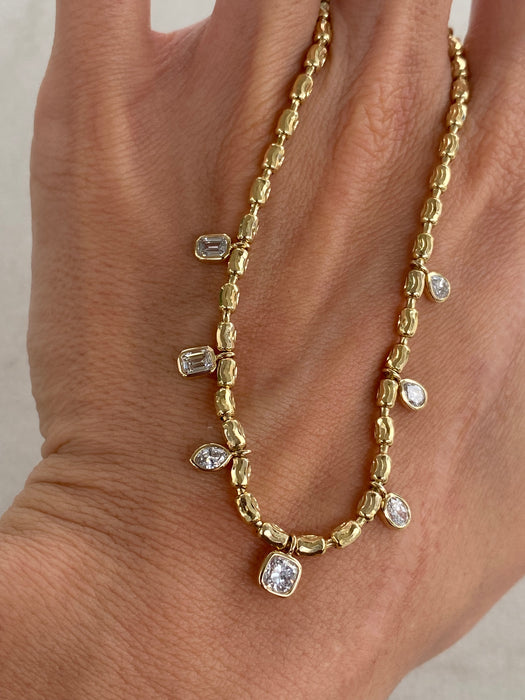 14K Gold Diamond-Cut Bead Bracelet with Lab Diamond Charm Drops