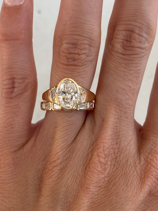 14K Gold 2.44 TCW Carat Oval Lab Diamond Ring with Flush Half-Moon Accents