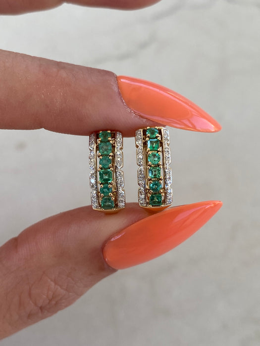 14K Gold Emerald & Diamond Huggie Hoop Earrings