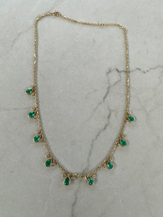 14K Gold Mariner Chain Necklace with Lab-Grown Pear Emerald & Diamond Stations