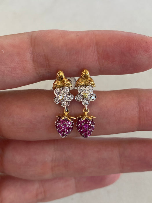 Vintage 18K Two-Tone Ruby, Sapphire & Diamond Strawberry Drop Earrings