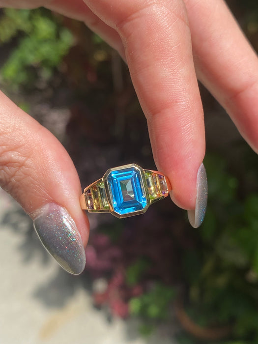 18k blue topaz, peridot, citrine amethyst ring size 6.5