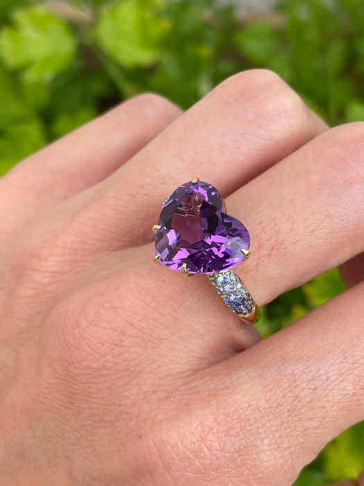 18K Gold Heart Amethyst & Ombre Sapphire Heart Ring