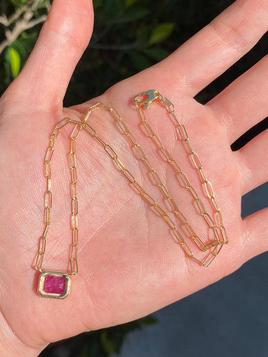14K Gold Bezel Set Ruby Paperclip Necklace