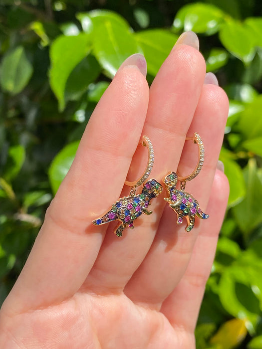 14k diamond rainbow sapphire T. rex huggie earrings