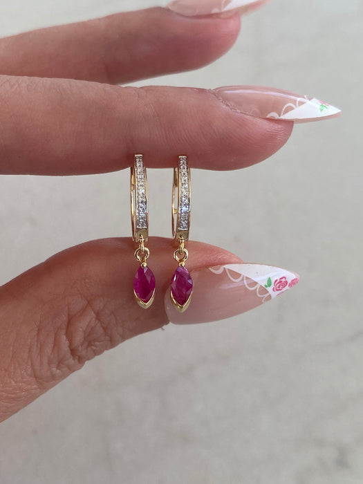 14K Gold Marquise Ruby & Diamond Huggie Earrings