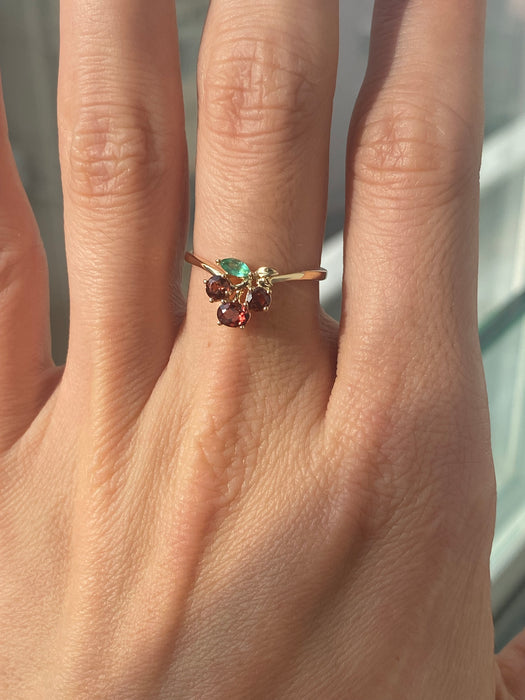 14k garnet emerald cherry ring