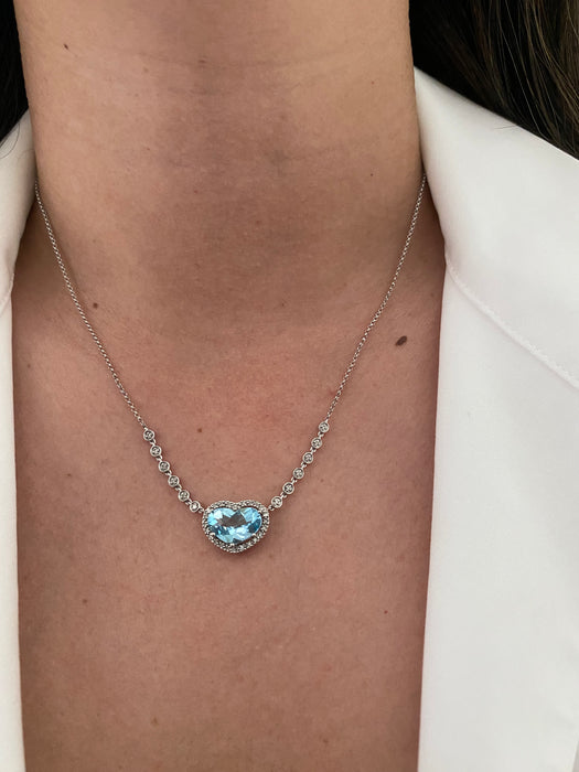 14k white gold blue topaz diamond heart necklace