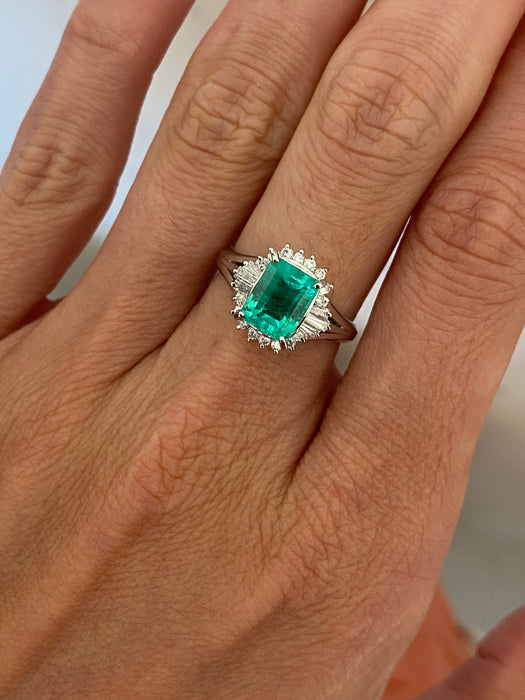 Vintage Platinum 900 GIA Colombian Emerald & Diamond Ballerina Ring | 1.53 CT Emerald | Size 5.75