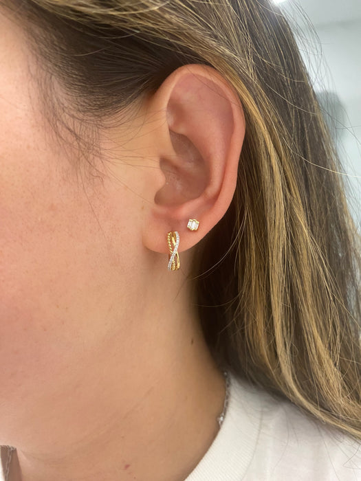 14K Natural Diamond Three-Row Crossover Huggie Earrings