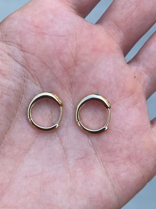 14K Gold Flush Set Emerald Huggie Earrings