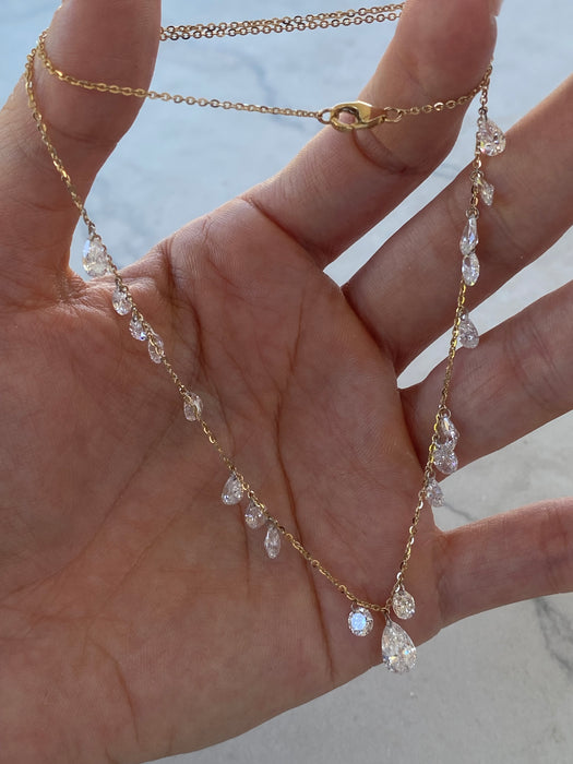 14K Gold 6 CTW Lab Diamond Rolo Chain Necklace with Pear, Oval & Round Floating Diamonds
