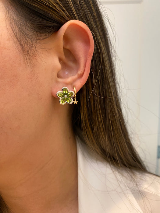 14k white gold diamond peridot flower omega back earrings