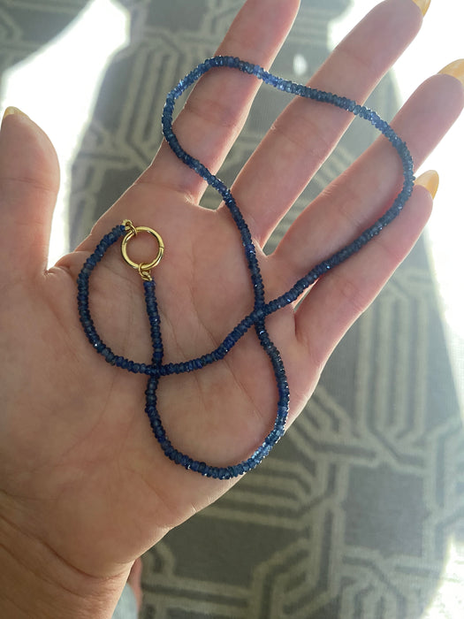 14k Gold Blue Sapphire Beaded Necklace With 14k Connector Charm 16.75”