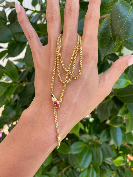 14K Gold Ruby Snake Foxtail Chain Lariat Necklace