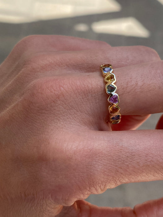 14K Gold Rainbow Sapphire Heart Eternity Ring