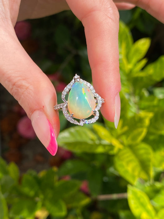 Platinum 900 opal and diamond ring size 6.5