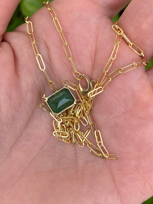 14K Gold Natural Emerald Paperclip Necklace – 2.24 CT Emerald Cut Emerald