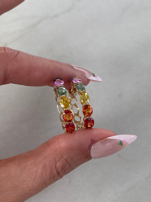 14K 6 TCW Rainbow Sapphire Oval Hoop Earrings