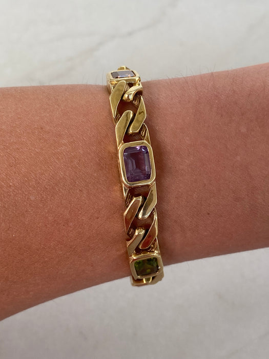 Vintage 14k Solid Gold Rainbow Gemstone Curb Bracelet | Emerald Cut Peridot Amethyst Citrine | 7”