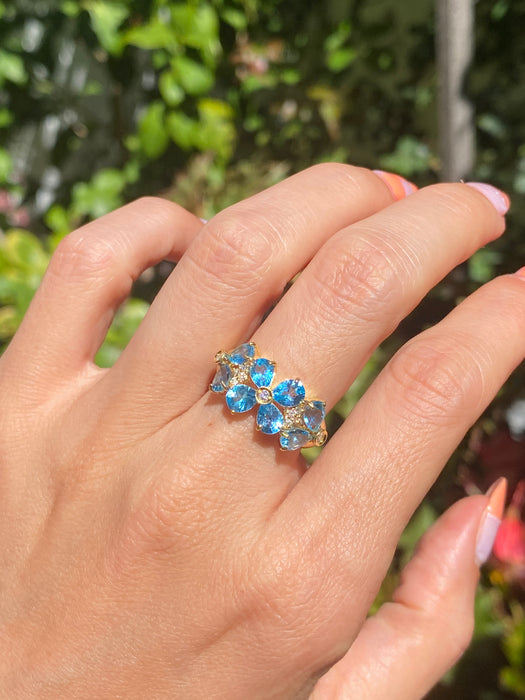 18k blue topaz diamond flower ring size 6