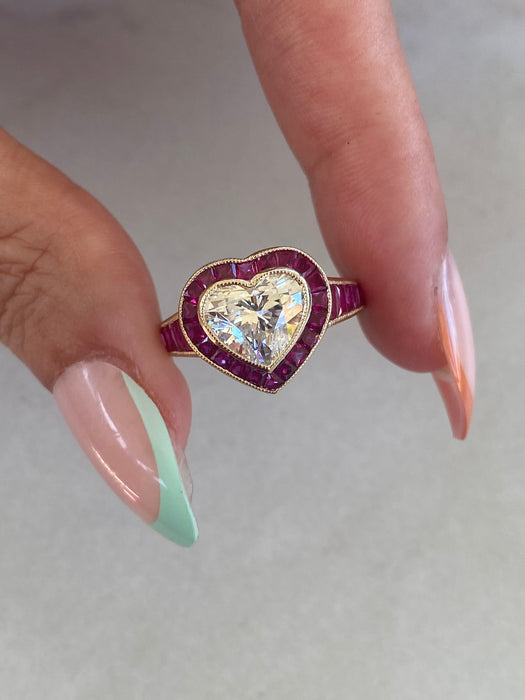 14K Lab Diamond Heart Ring with Natural Ruby Halo