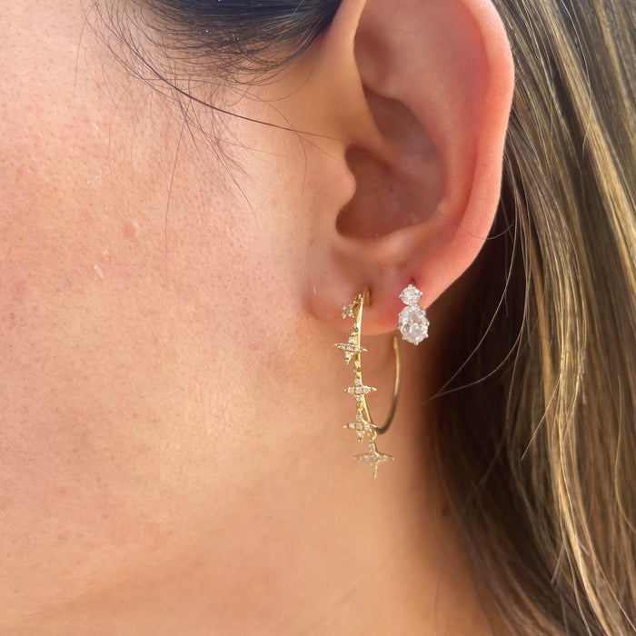 14K Gold Natural Diamond Star Charm J Hoop Earrings