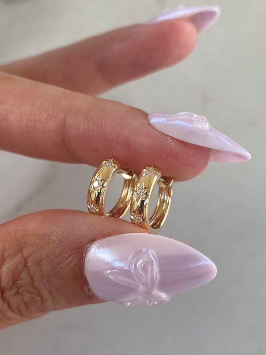 14K Diamond Starburst Mini Huggie Earrings