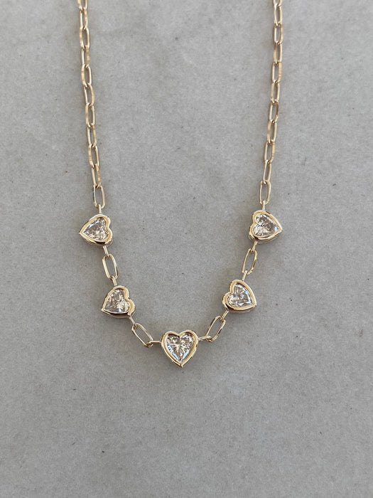14K Gold Paperclip Necklace with 1.5 TCW Lab Diamond Heart Stations